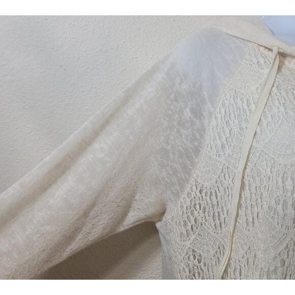 New Directions Cream Beige Lace Overlay Slub Knit Hoodie Top XL Lightweight Soft - Picture 2 of 5